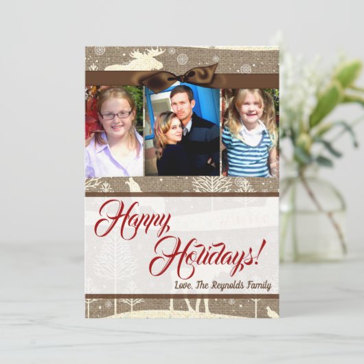 5x7 Kerst Burlap Herten Doe Buck FOTOKAART Feestdagenkaart (Staand voorkant)