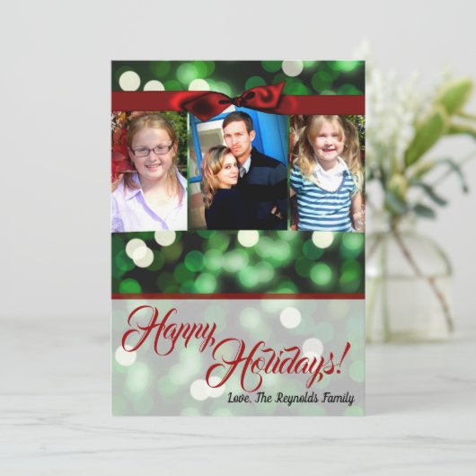 5x7 Kerst Groene Bokeh Lights Twinkl FOTOKAART Feestdagenkaart (Staand voorkant)