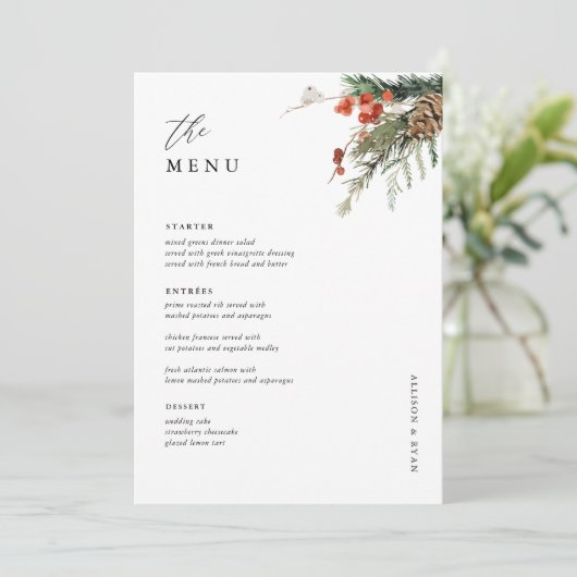 5x7" Kerstmaal Winter Bruiloft Tafel Menu (Staand voorkant)