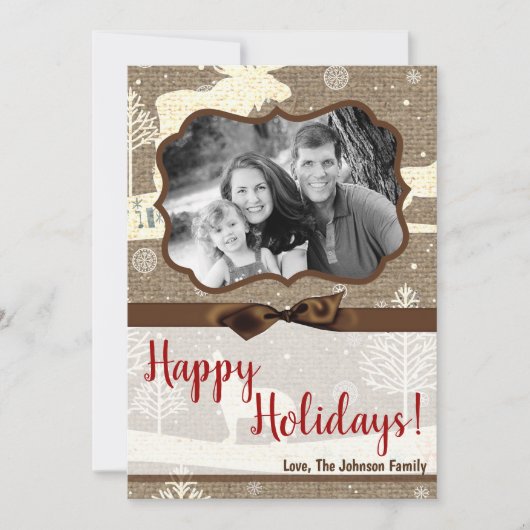 5x7 KERSTMIS Kerst Burlap Herten Ree Gewei FOTO Ka Feestdagenkaart (Voorkant)