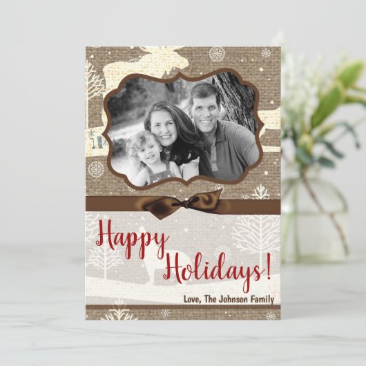 5x7 KERSTMIS Kerst Burlap Herten Ree Gewei FOTO Ka Feestdagenkaart (Staand voorkant)