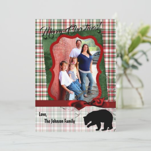 5x7 KERSTMIS Rood Kerst Geruit Beer Stof FOTO Kaar Feestdagenkaart (Staand voorkant)