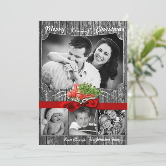 5x7 Kerstmis Rood Kersttruck Boom Houten FOTO Kaar Feestdagenkaart (Staand voorkant)