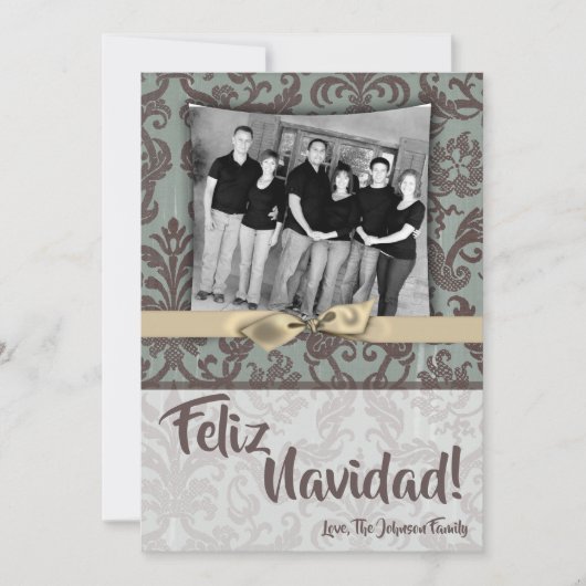 5x7 Kerstmis XMAS Blauwe Damast Stof FOTO Kaart (Voorkant)