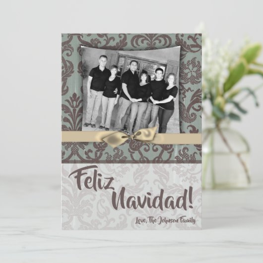 5x7 Kerstmis XMAS Blauwe Damast Stof FOTO Kaart (Staand voorkant)