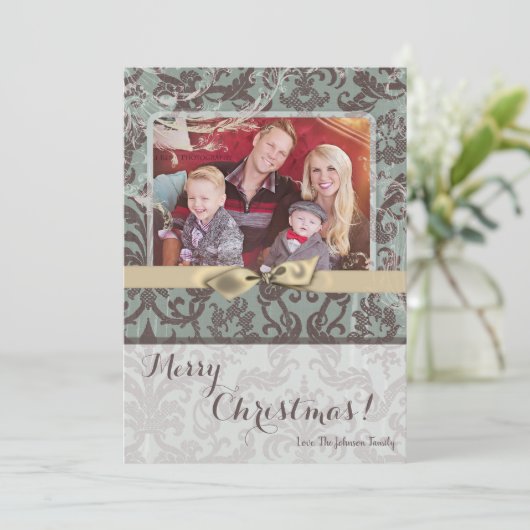 5x7 Kerstmis XMAS Blauwe Damast Stof FOTO Kaart (Staand voorkant)