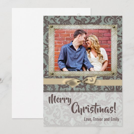 5x7 Kerstmis XMAS Blauwe Damast Stof FOTO Kaart (Voorkant / Achterkant)