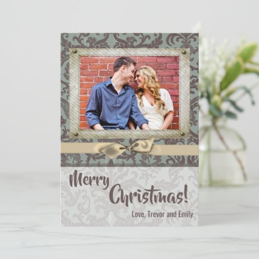 5x7 Kerstmis XMAS Blauwe Damast Stof FOTO Kaart (Staand voorkant)