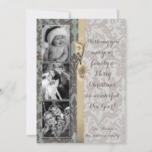 5x7 Kerstmis XMAS Blauwe Damast Stof FOTO Kaart (Voorkant)