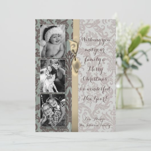 5x7 Kerstmis XMAS Blauwe Damast Stof FOTO Kaart (Staand voorkant)