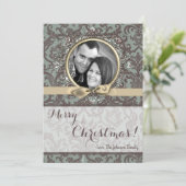 5x7 Kerstmis XMAS Blauwe Damast Stof FOTO Kaart (Staand voorkant)