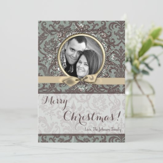 5x7 Kerstmis XMAS Blauwe Damast Stof FOTO Kaart (Staand voorkant)