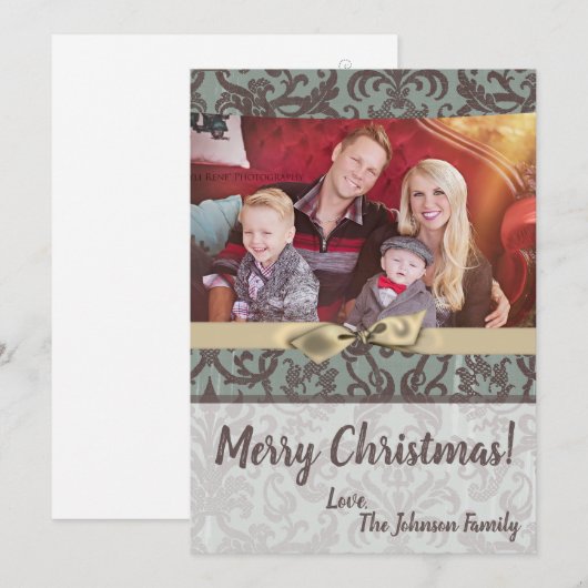 5x7 Kerstmis XMAS Blauwe Damast Stof FOTO Kaart (Voorkant / Achterkant)