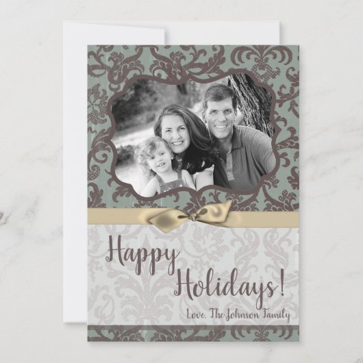 5x7 Kerstmis XMAS Blauwe Damast Stof FOTO Kaart (Voorkant)