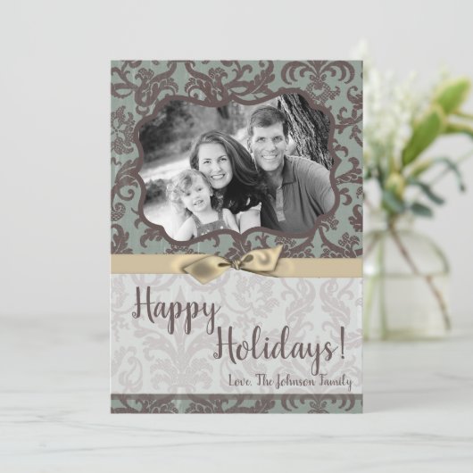 5x7 Kerstmis XMAS Blauwe Damast Stof FOTO Kaart (Staand voorkant)