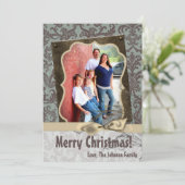 5x7 Kerstmis XMAS Blauwe Damast Stof FOTO Kaart (Staand voorkant)