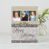 5x7 Kerstmis XMAS Blauwe Damast Stof FOTO Kaart (Staand voorkant)