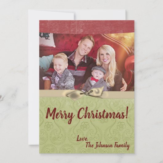 5x7 Kerstmis XMAS Groen Gestreepte Stoffen FOTOKAA Feestdagenkaart (Voorkant)