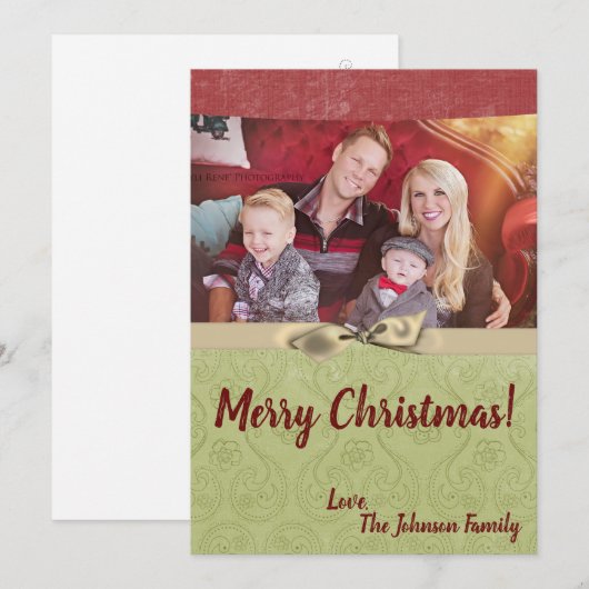 5x7 Kerstmis XMAS Groen Gestreepte Stoffen FOTOKAA Feestdagenkaart (Voorkant / Achterkant)