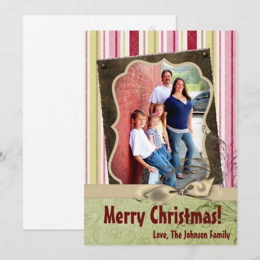 5x7 Kerstmis XMAS Groen Gestreepte Stoffen FOTOKAA Feestdagenkaart (Voorkant / Achterkant)