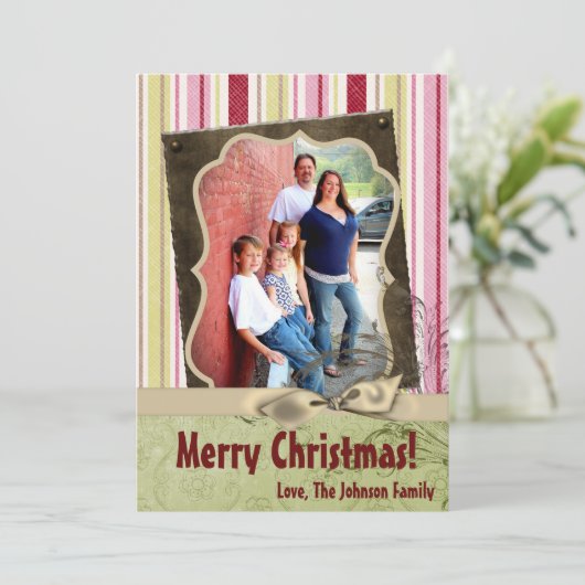 5x7 Kerstmis XMAS Groen Gestreepte Stoffen FOTOKAA Feestdagenkaart (Staand voorkant)