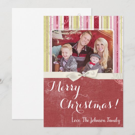5x7 Kerstmis XMAS Groen Gestreepte Stoffen FOTOKAA Feestdagenkaart (Voorkant / Achterkant)