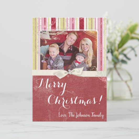 5x7 Kerstmis XMAS Groen Gestreepte Stoffen FOTOKAA Feestdagenkaart (Staand voorkant)