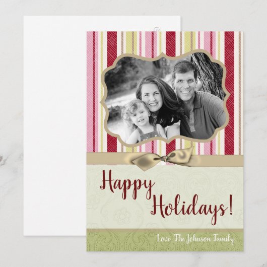 5x7 Kerstmis XMAS Groen Gestreepte Stoffen FOTOKAA Feestdagenkaart (Voorkant / Achterkant)