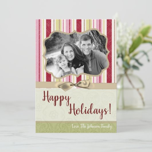 5x7 Kerstmis XMAS Groen Gestreepte Stoffen FOTOKAA Feestdagenkaart (Staand voorkant)