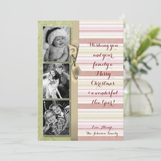 5x7 Kerstmis XMAS Groen Gestreepte Stoffen FOTOKAA Feestdagenkaart (Staand voorkant)