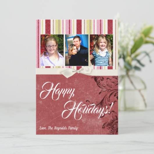 5x7 Kerstmis XMAS Groen Gestreepte Stoffen FOTOKAA Feestdagenkaart (Staand voorkant)