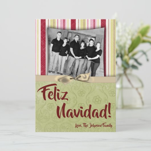 5x7 Kerstmis XMAS Groen Gestreepte Stoffen FOTOKAA Feestdagenkaart (Staand voorkant)