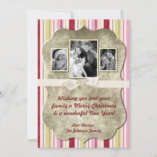 5x7 Kerstmis XMAS Groen Gestreepte Stoffen FOTOKAA Feestdagenkaart (Voorkant)
