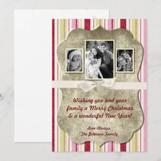 5x7 Kerstmis XMAS Groen Gestreepte Stoffen FOTOKAA Feestdagenkaart (Voorkant / Achterkant)