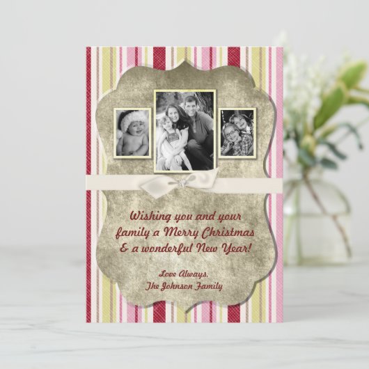 5x7 Kerstmis XMAS Groen Gestreepte Stoffen FOTOKAA Feestdagenkaart (Staand voorkant)