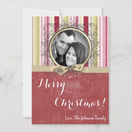 5x7 Kerstmis XMAS Groen Gestreepte Stoffen FOTOKAA Feestdagenkaart (Voorkant)