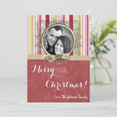 5x7 Kerstmis XMAS Groen Gestreepte Stoffen FOTOKAA Feestdagenkaart (Staand voorkant)