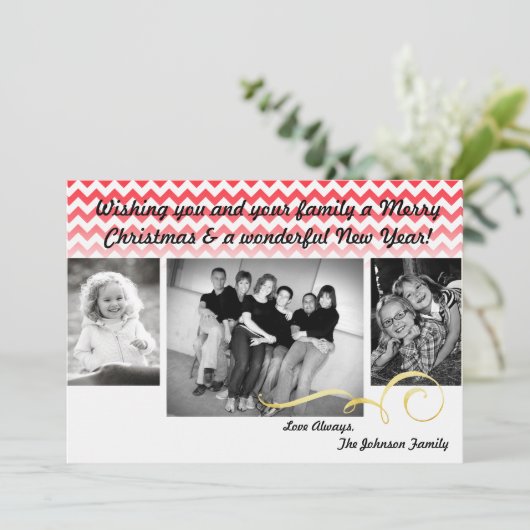 5x7 Kerstmis XMAS Rode Chevron Ombre FOTOKAART Feestdagenkaart (Staand voorkant)