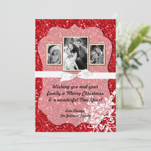 5x7 Kerstmis XMAS Rode Glitter Sneeuwbal FOTO-kaar Feestdagenkaart (Staand voorkant)
