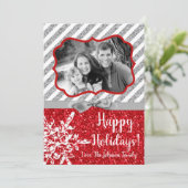 5x7 Kerstmis XMAS Rode Glitter Sneeuwbal FOTO-kaar Feestdagenkaart (Staand voorkant)