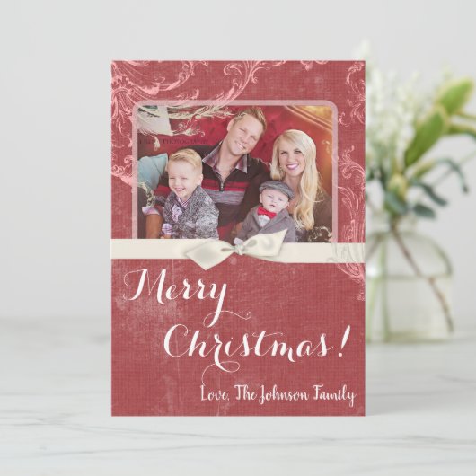 5x7 Kerstmis XMAS Rode Grunge Disstress PHOTO Card Feestdagenkaart (Staand voorkant)
