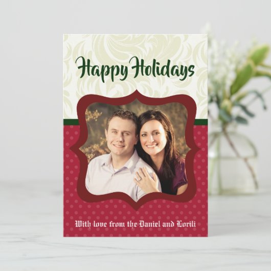 5x7 Kerstmis XMAS Rode Polka Dot FOTOKAART Feestdagenkaart (Staand voorkant)