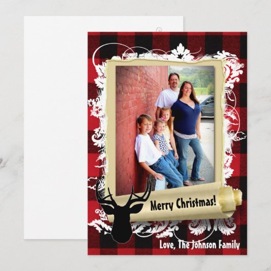 5x7 Kerstmis XMAS Rood zwart geruit hert FOTO kaar Feestdagenkaart (Voorkant / Achterkant)