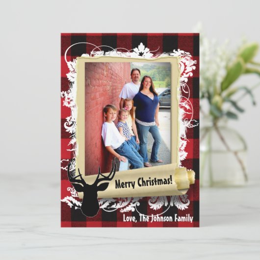 5x7 Kerstmis XMAS Rood zwart geruit hert FOTO kaar Feestdagenkaart (Staand voorkant)