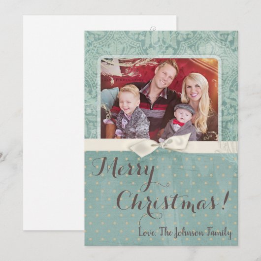 5x7 Kerstmis XMAS Winter Blauw Damask FOTOKAART Feestdagenkaart (Voorkant / Achterkant)