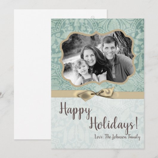 5x7 Kerstmis XMAS Winter Blauw Damask FOTOKAART Feestdagenkaart (Voorkant / Achterkant)