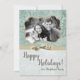 5x7 Kerstmis XMAS Winter Blauw Damask FOTOKAART Feestdagenkaart