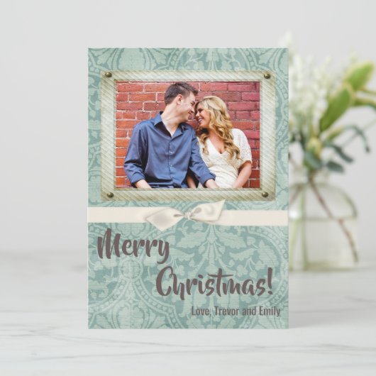 5x7 Kerstmis XMAS Winter Blauw Damask FOTOKAART Feestdagenkaart (Staand voorkant)