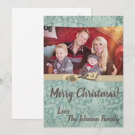 5x7 Kerstmis XMAS Winter Blauw Damask FOTOKAART Feestdagenkaart (Voorkant / Achterkant)