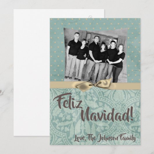 5x7 Kerstmis XMAS Winter Blauw Damask FOTOKAART Feestdagenkaart (Voorkant / Achterkant)